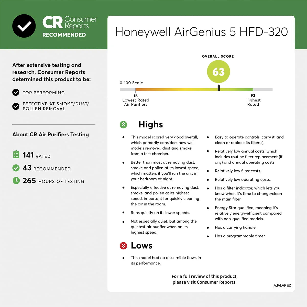 Honeywell Air Genius 5 Air Purifier with Washable Filter, Large Rooms, 250 sq ft, Black, HFD320