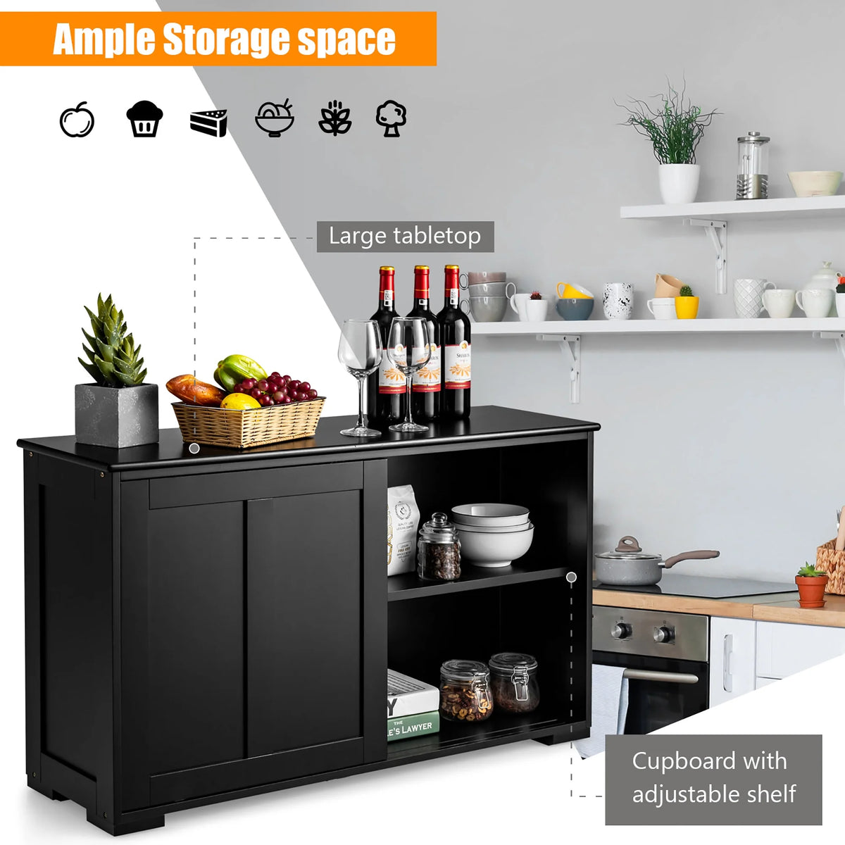 Costway Kitchen Storage Cabinet Sideboard Buffet Cupboard Wood Sliding Door Pantry White
