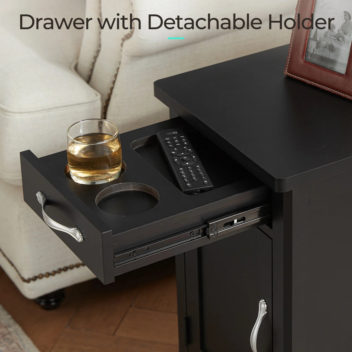 LINSY HOME End Tables for Living Room with Charging Station, Nightstand for Bedroom with Drawer and Detachable Holder,Washed Grey & Brown