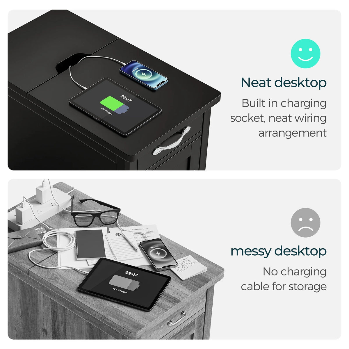 LINSY HOME End Tables for Living Room with Charging Station, Nightstand for Bedroom with Drawer and Detachable Holder,Washed Grey & Brown