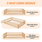 UHOMEPRO Twin Size Floor Bed with Door and Fence, Montessori Floor Bed with Slats and Safety Guardrails, Solid Wood Twin Bed Frame for Bedroom, White