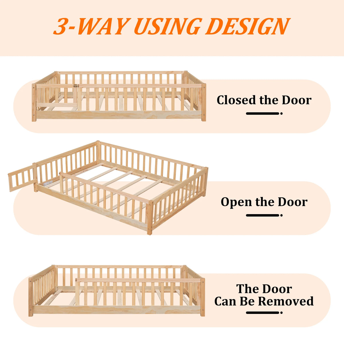 UHOMEPRO Twin Size Floor Bed with Door and Fence, Montessori Floor Bed with Slats and Safety Guardrails, Solid Wood Twin Bed Frame for Bedroom, White