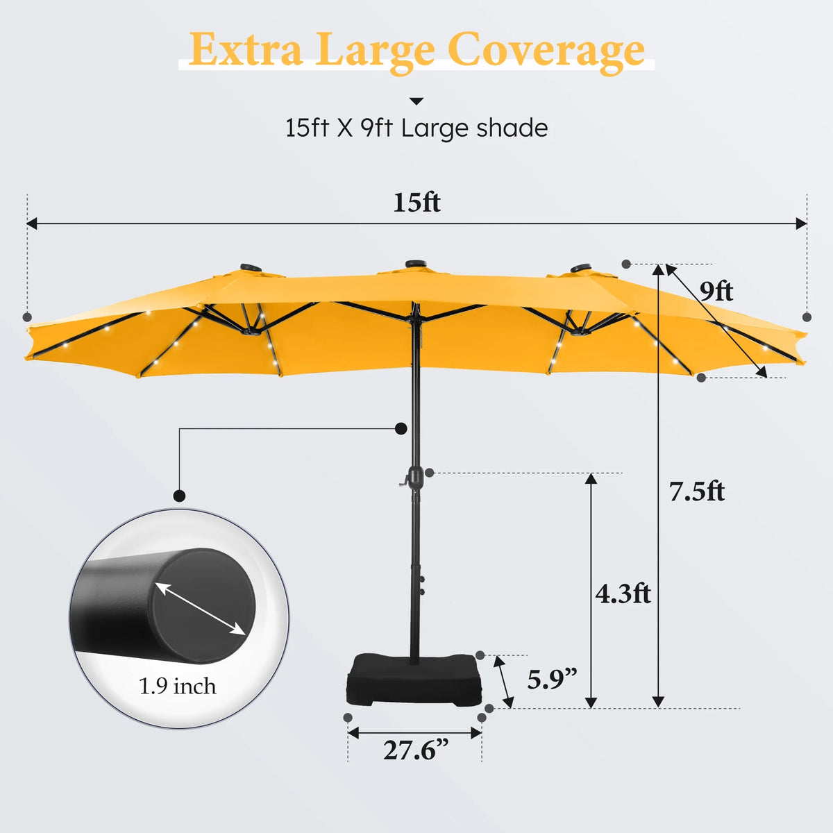 Summit Living 15 FT Double-Sided Solar Patio Umbrella with Base Large Outdoor Umbrella with LED Solar Lights - Haze Blue