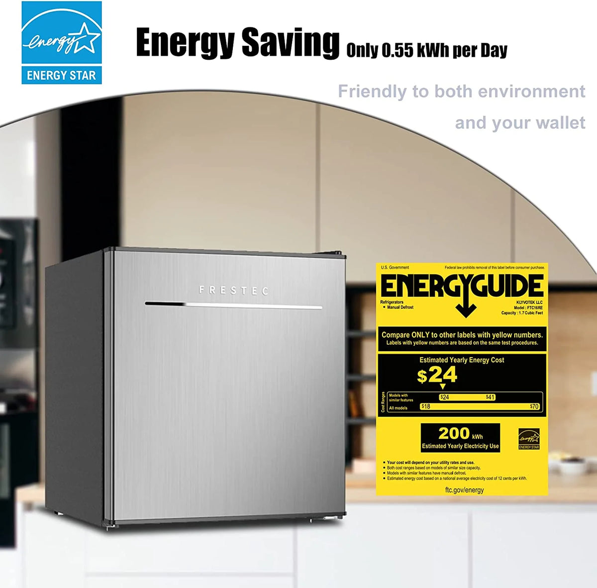 Frestec 1.6 Cu.Ft Mini Fridge with Freezer, Compact Refrigerator, Energy Efficient for Office, Apartment, Dorm, Bedroom