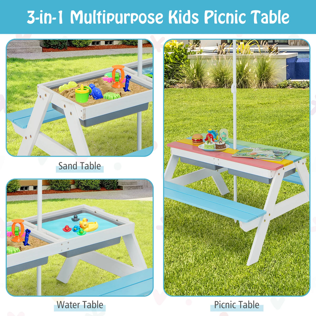 Costway 3-in-1 Kids Picnic Table Wooden Outdoor Sand & Water Table with Umbrella Play Boxes Green