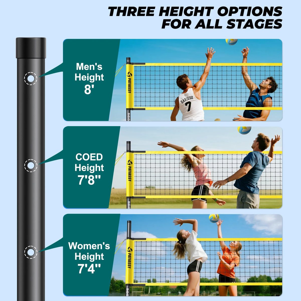 Patiassy Outdoor Portable Volleyball Net Set System for Backyard - Quick & Easy Setup Adjustable Height Steel Poles, PU Volleyball, Pump and Carrying Bag