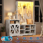 Farmhouse Wood Hall Tree with Shoe Bench and Console Table, LED 4-in-1 Coat Rack with 8 Hooks and 7 Adjustable Shoe Cubbies, Multifunctional Entryway Storage Organizer with Cabinet, Vintage White