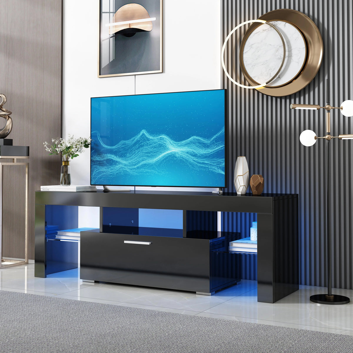 PAPROOS TV Stand for TVs up to 70", High Gloss TV Cabinet with LED Light, Modern TV Console Table with Storage Drawers, Media Television Stand Entertainment Center, White