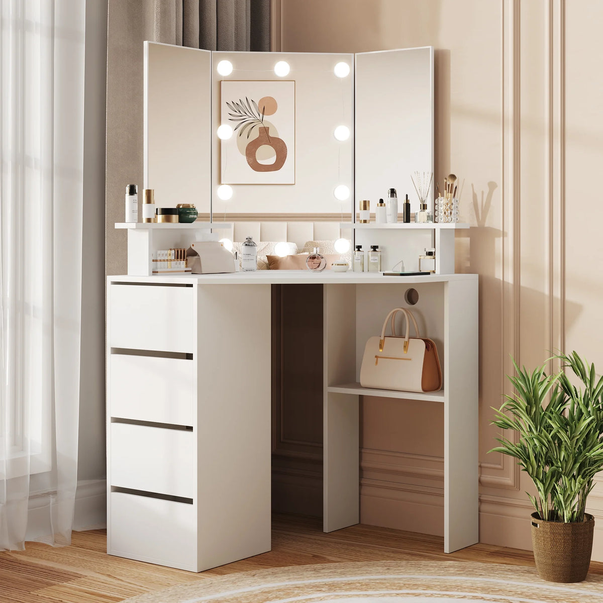 Veanerwood White Corner Vanity Desk with Mirror and Light,Makeup Table with 4 Drawers and Charging Station for Bedroom
