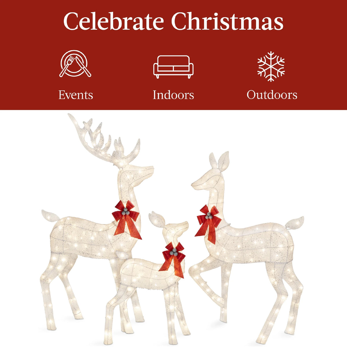 Best Choice Products 6.5ft 3-Piece Lighted Christmas Deer Set Outdoor Yard Decoration w/ 385 LED Lights, Stakes - Gold