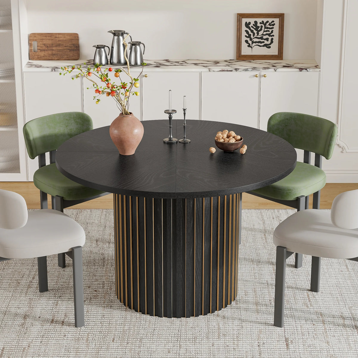 Modern Round Dining Table, 47 Inch Small Circle Kitchen Tables for 4-6, Wood Strip Base, Farmhouse Table for Kitchen, Dinning Room, Walnut