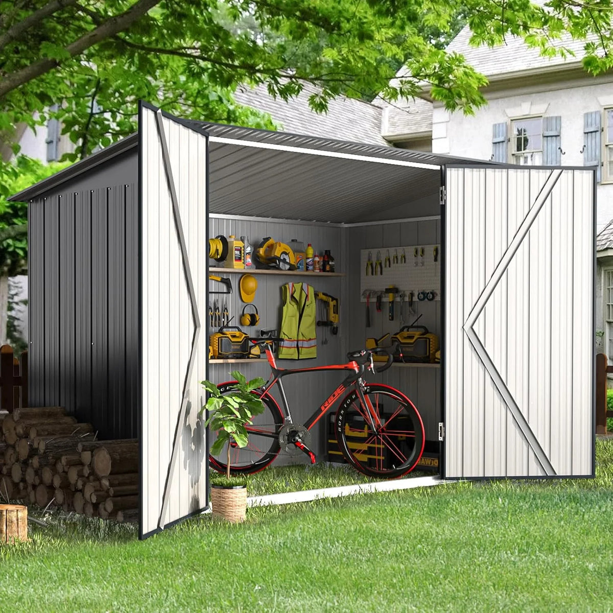 YODOLLA Outdoor Storage Shed, 3 x 7 Ft Bike Sheds & Outdoor Storage, Small Metal Outdoor Storage Cabinet for Garden