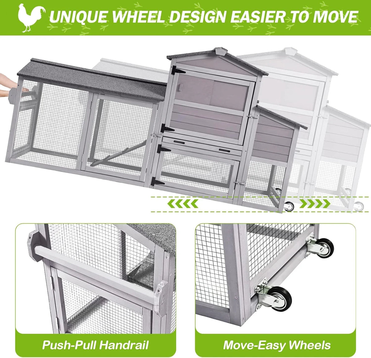 MEDEHOO 80" Mobile Chicken Coop with Wheels - Weatherproof Wooden Hen House, Outdoor Poultry Cage & Nesting Box Run, Expandable Design