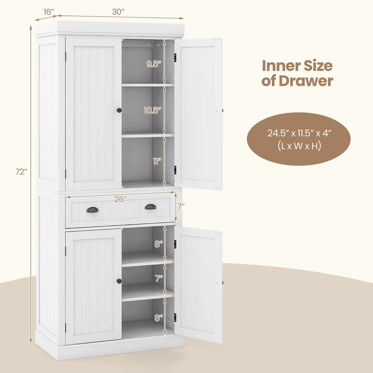Gymax 72'' Kitchen Pantry Storage Cabinet Tall Freestanding Cupboard w/ 4 Doors Large Drawer White