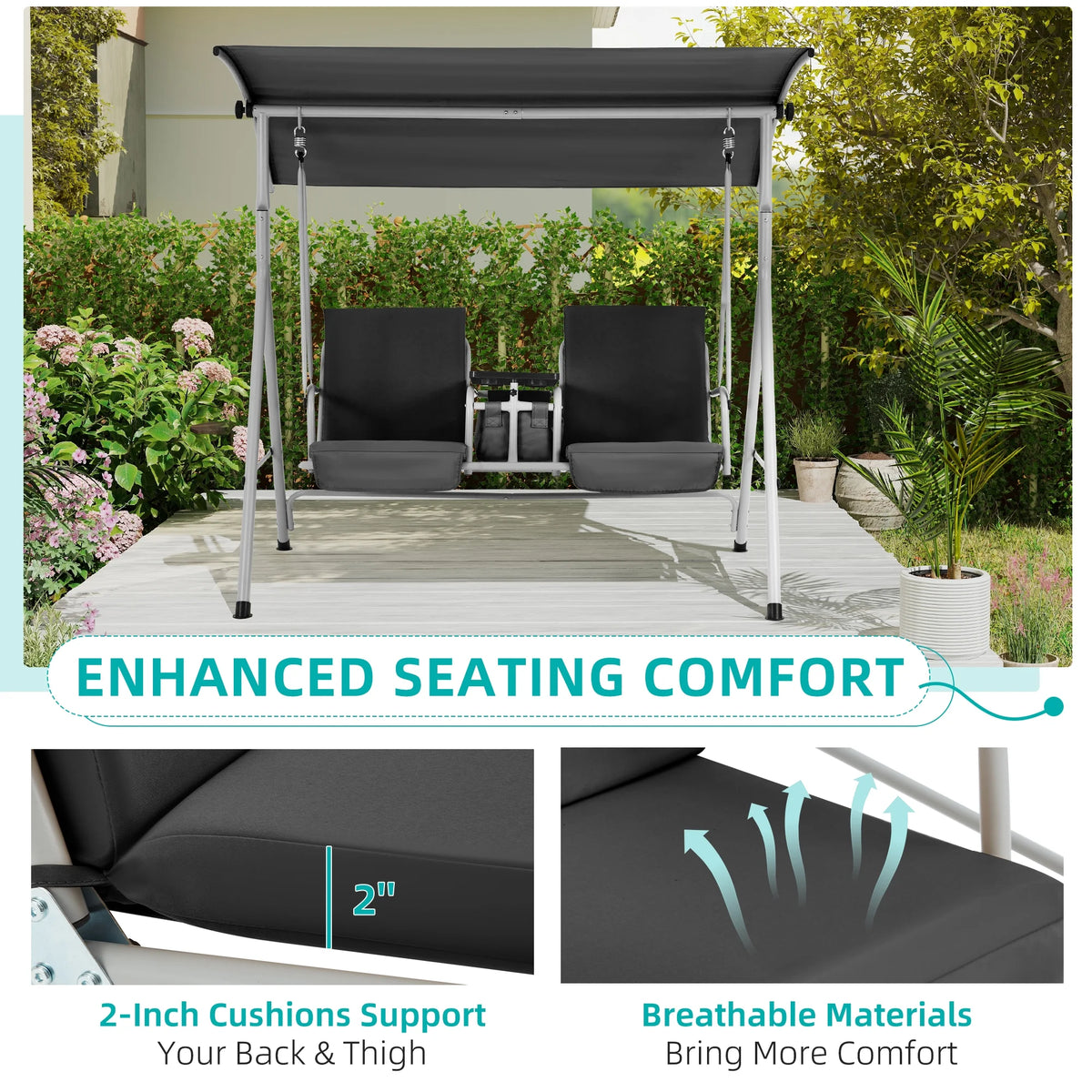 HOMREST Patio Swing with Adjustable Canopy��Heavy Duty 650 LBS Outdoor Swing with Pivot Storage Table & 4 Cup Holders & Cushions for Yard, Lawn, Backyard, Navy Blue