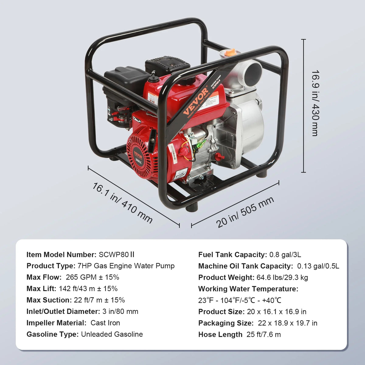 VEVOR Gasoline Engine Water Pump,3-inch, 7HP 265 GPM, 142ft Lift, 22ft Suction,4-Stroke Gas Powered Trash Water Transfer Pump Portable High Pressure with 25ft Hose for Irrigation Pool, EPA Certified