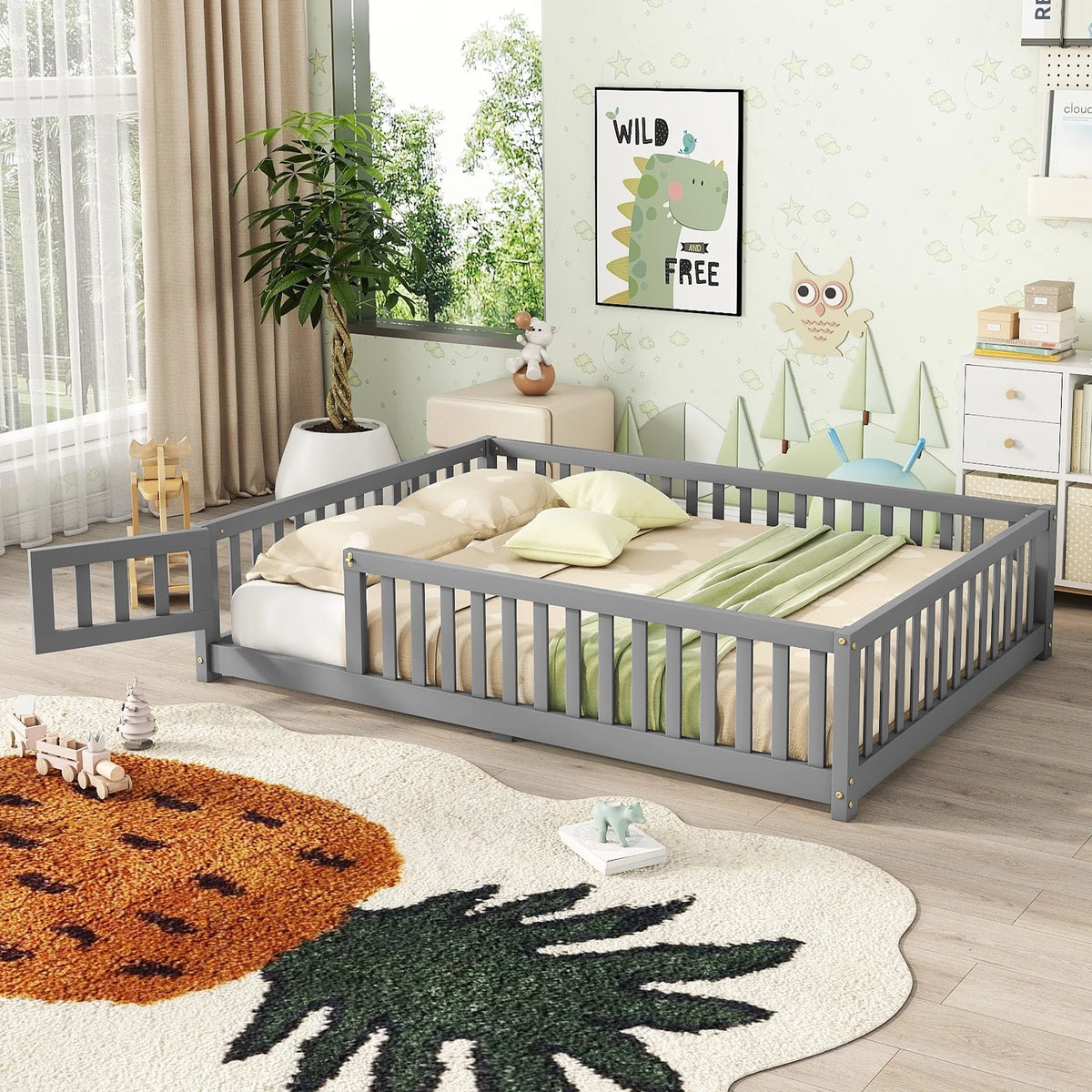Bellemave Full Size Floor Bed with Door and Fence Floor Bed with Bed Slats Sturdy Wood Floor Bed Montessori Bed Frame (Full, Pink)