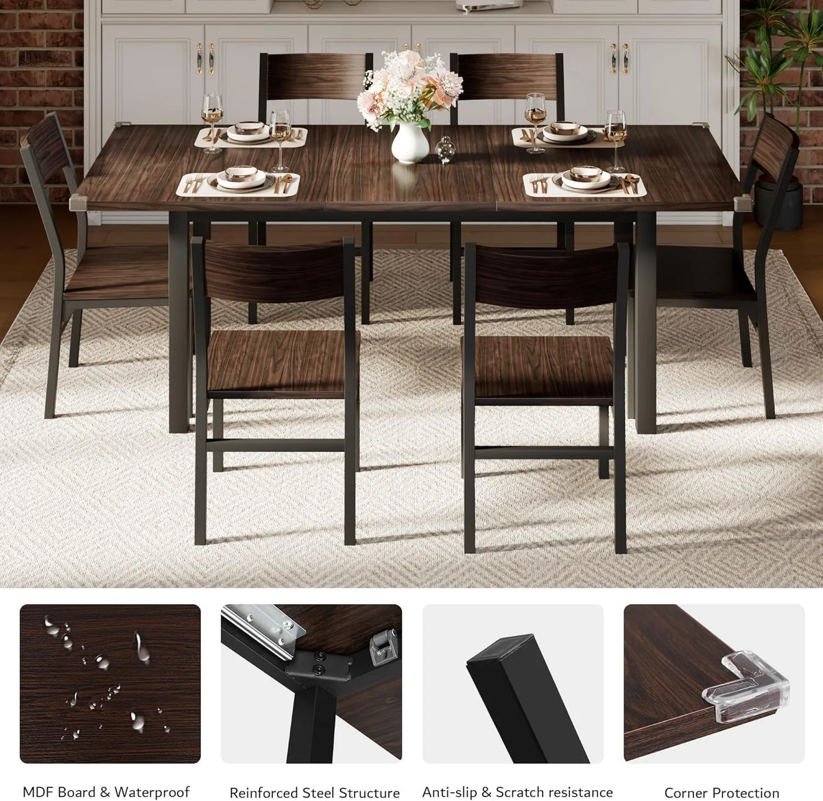 iPormis 63" Extendable Dining Table for 4-8, Square Wooden Dining Room Table with Metal Base, Modern Extendable Table for  Small Kitchens, Dining Office Areas, Black