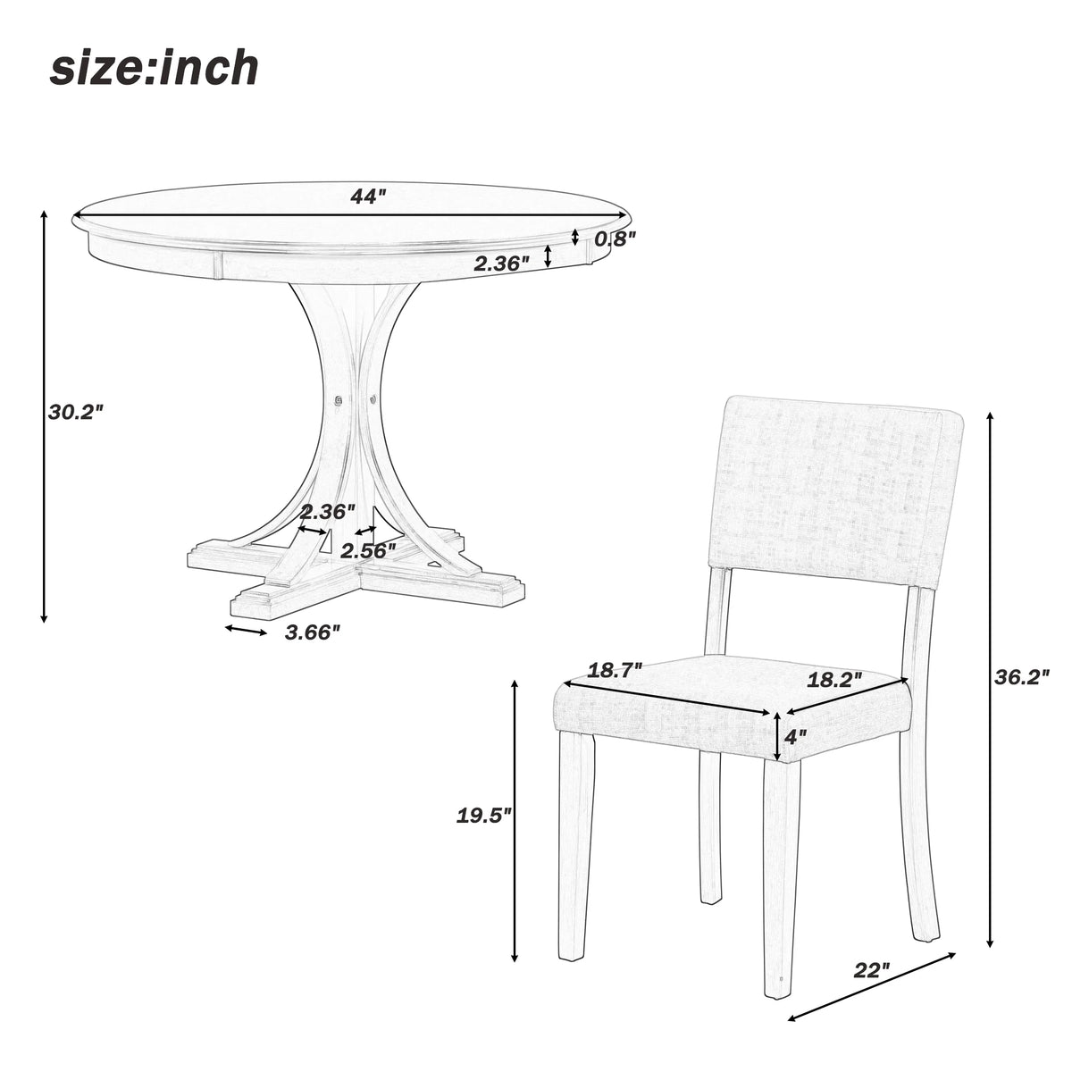5 Piece Retro Round Dining Table Set with 4 Upholstered Chairs, Wood Dining Table with Curved Trestle Style Legs