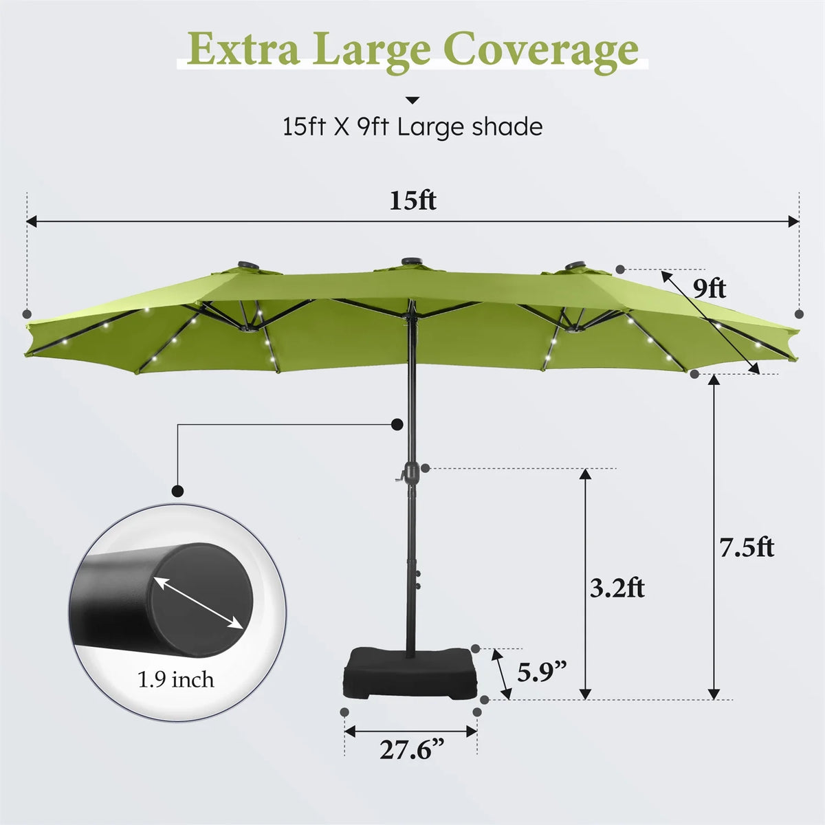 Summit Living 15 FT Double-Sided Solar Patio Umbrella with Base Large Outdoor Umbrella with LED Solar Lights - Haze Blue