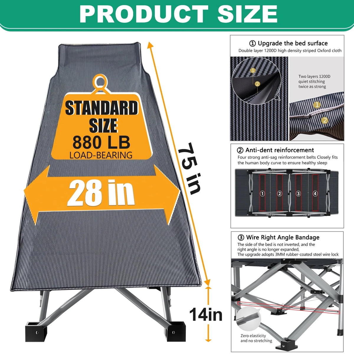 ABORON Portable Camping Cot with Mattress & Carry Bag, 75''x28'' Folding Sleeping Cots, Folding Bed Cot for Adults & Kids