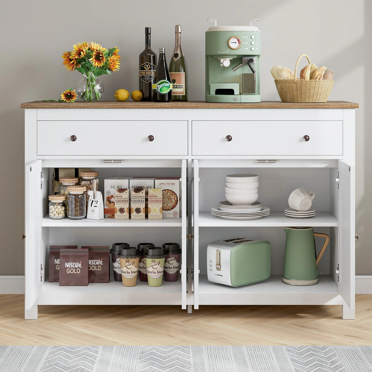 Homfa 55.1'' W Farmhouse Storage Cabinet, 4-Doors 2-Drawers Wood Sideboard with Adjustable Shelves for Kitchen Dining Room, White