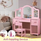 Arlopu Kids Vanity Set with Stool, Wooden Makeup Vanity Desk Children Dressing Table with Chair, Tri-Folding Mirror, Storage Cabinet & Drawers