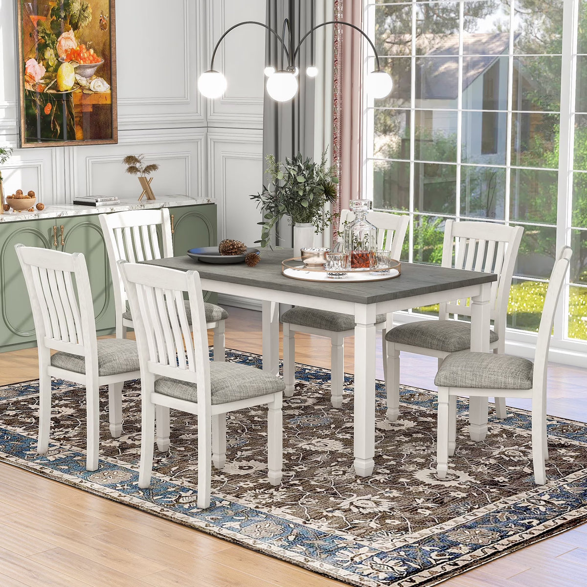 Harper & Bright Designs Farmhouse 7 Pieces Extendable Dining Table Set for 6, Solid Wood Kitchen Table with Butterfly Leaf and 6 Upholstered Chairs, Brown