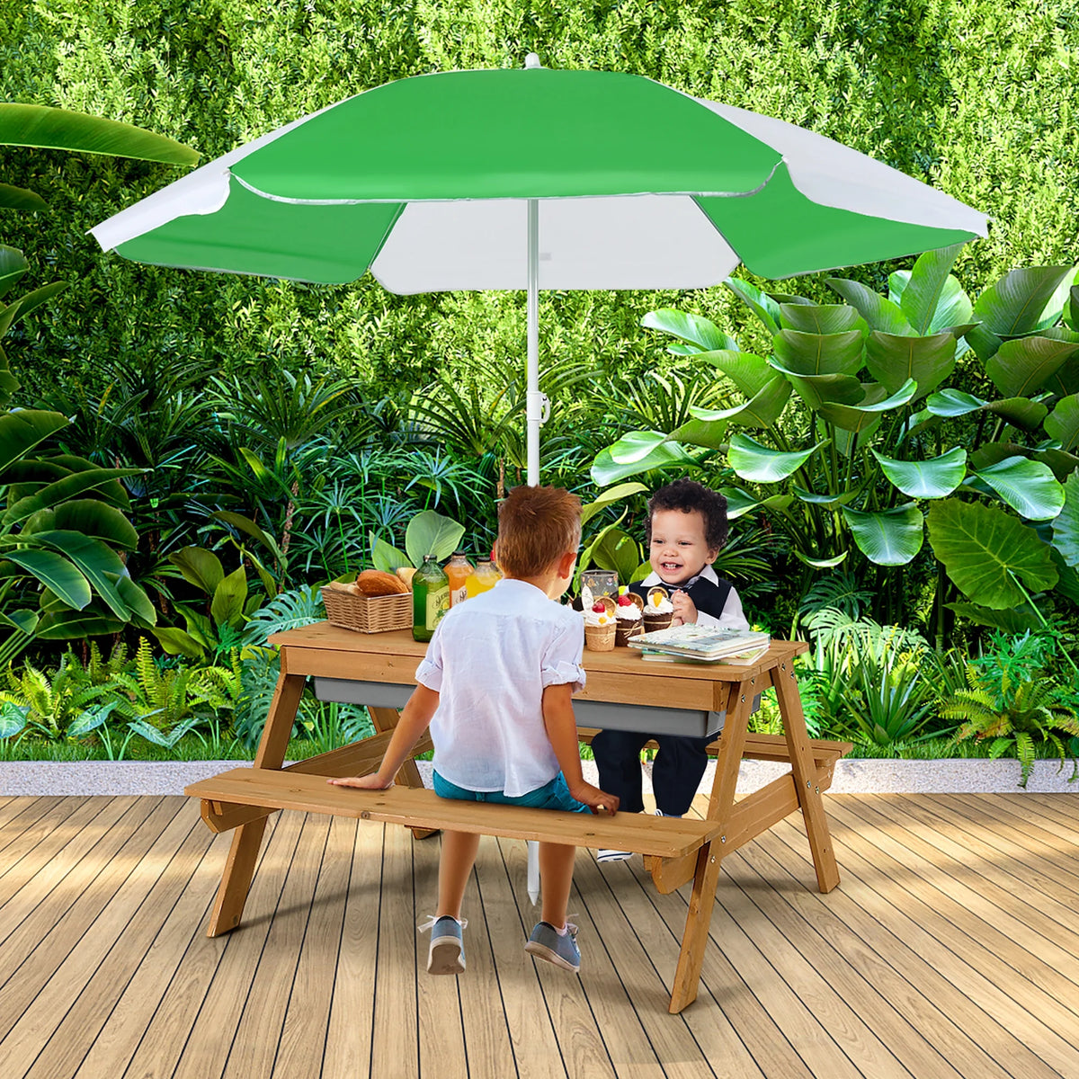 Costway 3-in-1 Kids Picnic Table Wooden Outdoor Sand & Water Table with Umbrella Play Boxes Green
