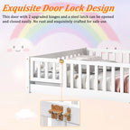 UHOMEPRO Twin Size Floor Bed with Door and Fence, Montessori Floor Bed with Slats and Safety Guardrails, Solid Wood Twin Bed Frame for Bedroom, White