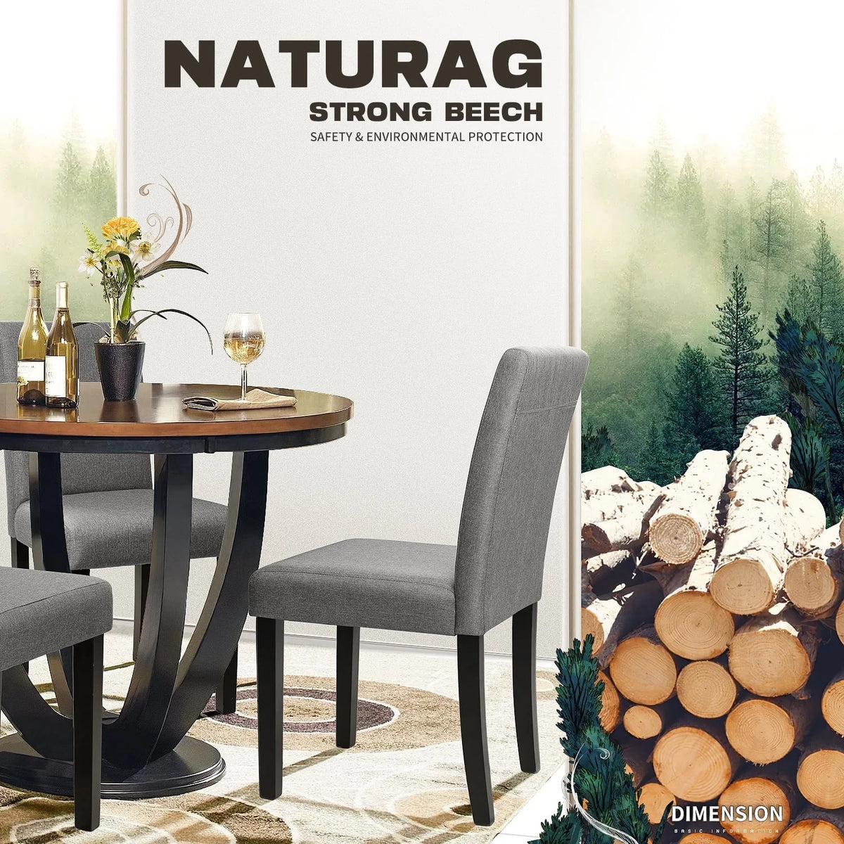 Furmax, Set of 4 Upholstered Dining Chairs with Wooden Legs, Fabric, Gray