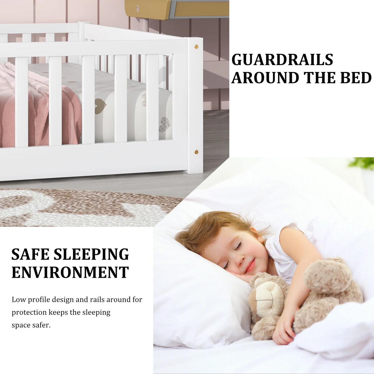 UHOMEPRO Twin Size Floor Bed with Door and Fence, Montessori Floor Bed with Slats and Safety Guardrails, Solid Wood Twin Bed Frame for Bedroom, White