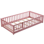 UHOMEPRO Twin Size Floor Bed with Door and Fence, Montessori Floor Bed with Slats and Safety Guardrails, Solid Wood Twin Bed Frame for Bedroom, White