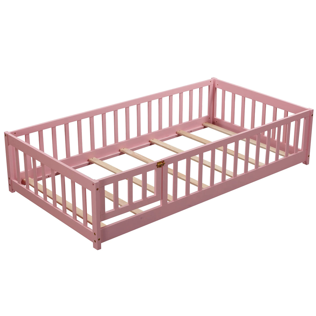 UHOMEPRO Twin Size Floor Bed with Door and Fence, Montessori Floor Bed with Slats and Safety Guardrails, Solid Wood Twin Bed Frame for Bedroom, White