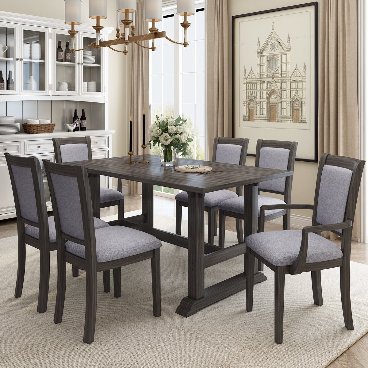 Harper & Bright Designs Farmhouse 7 Pieces Extendable Dining Table Set for 6, Solid Wood Kitchen Table with Butterfly Leaf and 6 Upholstered Chairs, Brown