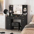 Vanity Set with Mirror and Lights, Makeup Table with Charging Station,5 Drawers & Storage Shelves, White