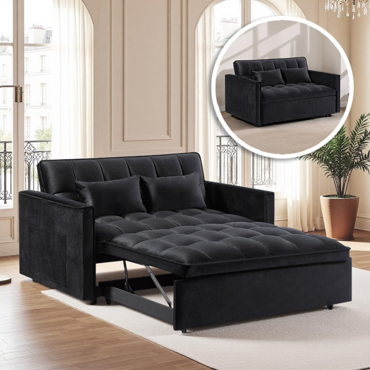 Gewnee 55'' Modern Convertible Velvet Sofa Bed with Pull-Out Twin Bed, Adjustable Backrest for Living Room, Office (Dark Gray)
