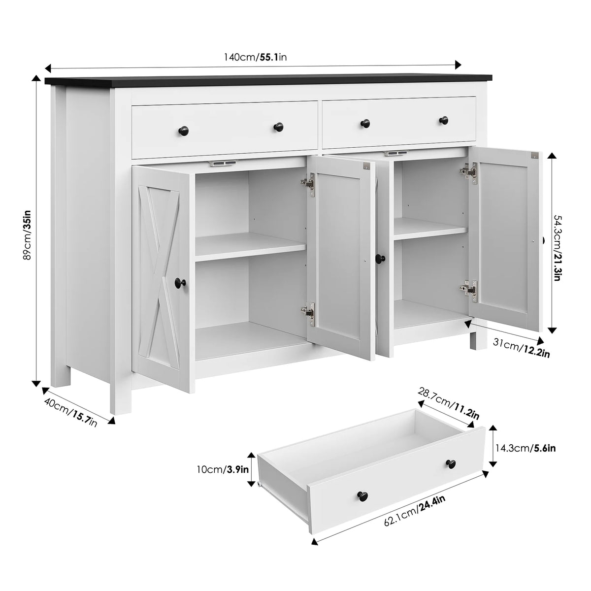 Homfa 55.1'' W Farmhouse Storage Cabinet, 4-Doors 2-Drawers Wood Sideboard with Adjustable Shelves for Kitchen Dining Room, White