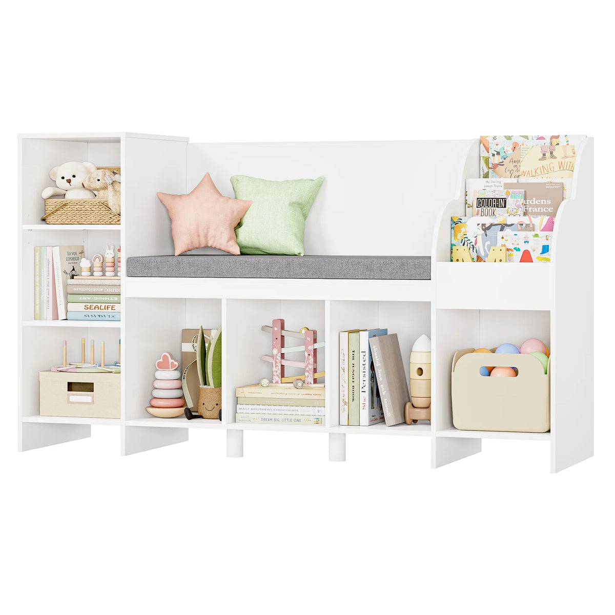 Homfa Kids Bookcase with Reading Nook, Wooden Kids Bookshelf and Storage Toy Cube Organization with Adjustable Shelf, 31.5'' H x 54.5'' W, White
