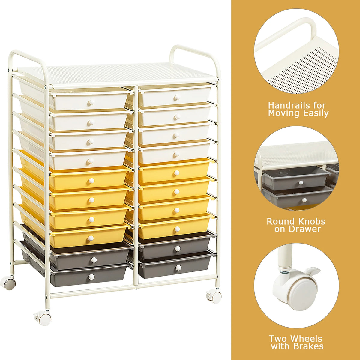 Costway 20 Drawer Rolling Storage Cart Tools Scrapbook Paper Office School Organizer Yellow