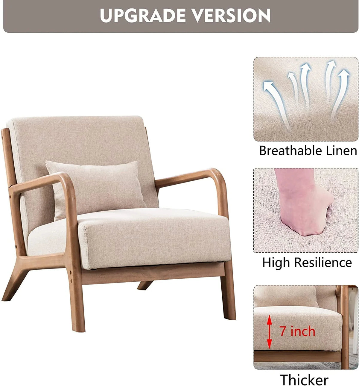 Bonzy Home Mid Century Modern Accent Chair, Single Fabric Lounge Reading Armchair with Solid Wood Frame, Easy Assembly Arm Chairs for Living Room, Beige