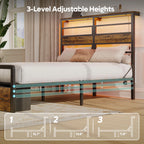 Pinmoco LED Queen Bed Frame with 49.2" High Storage Headboard and 4 Drawers, Adjustable Base Height Metal Platform Bed with Charging Station, Rustic