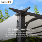Sunjoy Diego 10x10 ft. Outdoor Patio Brown Steel Classic Frame Pergola with Retractable White Canopy Shade for Backyard, Garden Activities
