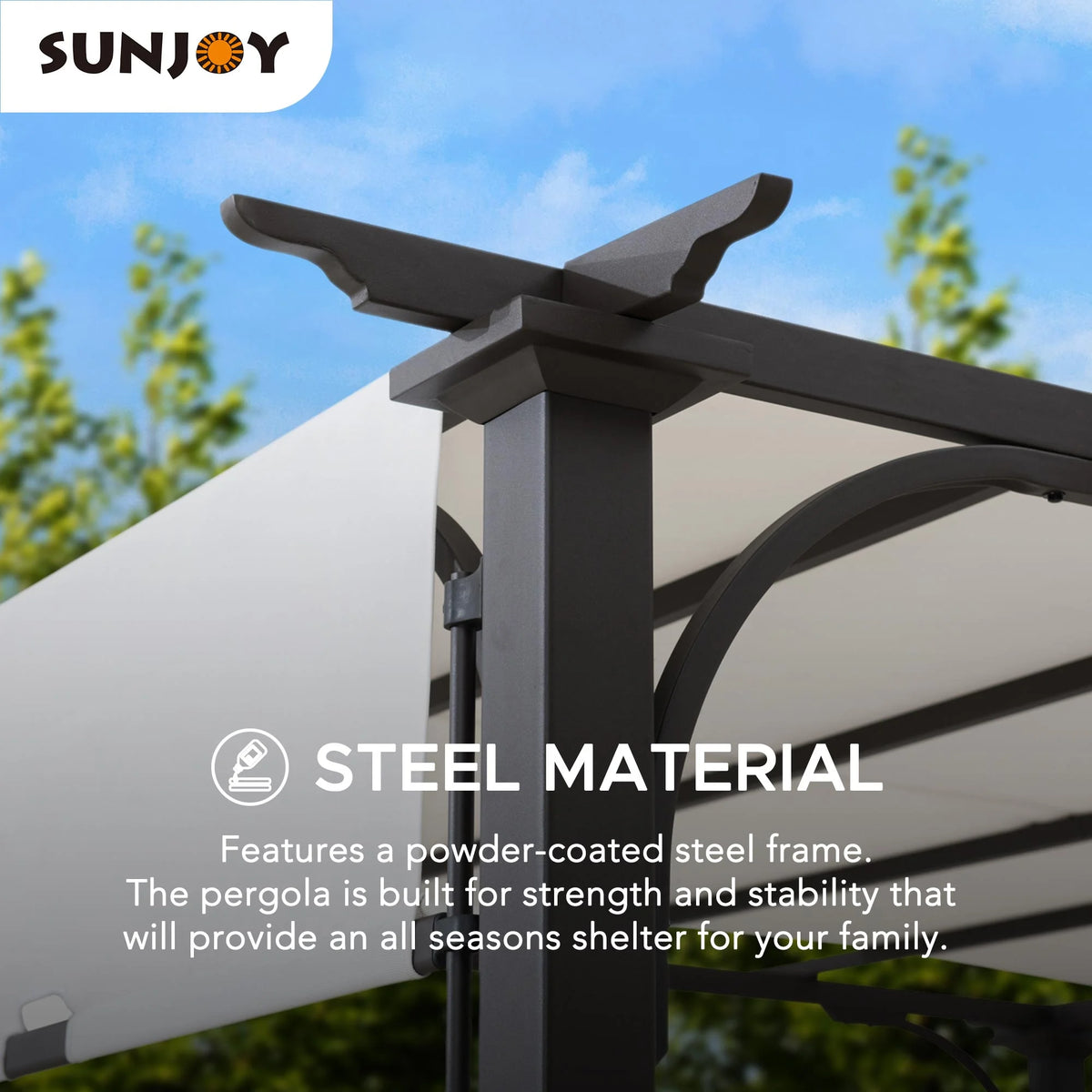 Sunjoy Diego 10x10 ft. Outdoor Patio Brown Steel Classic Frame Pergola with Retractable White Canopy Shade for Backyard, Garden Activities