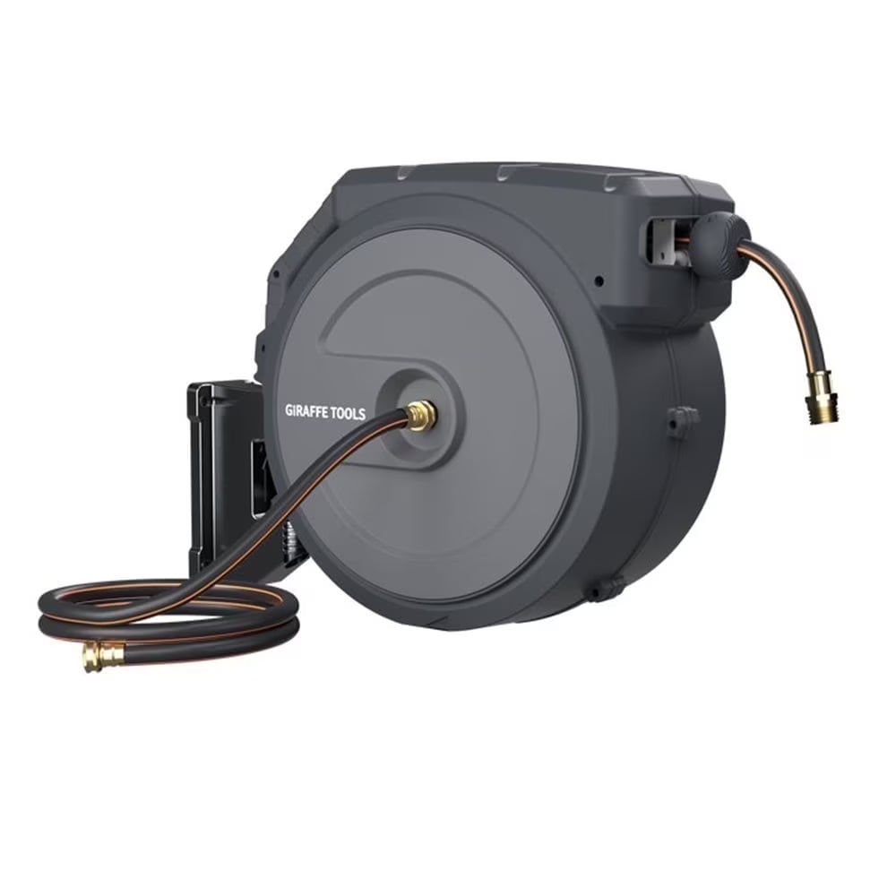 Giraffe Tools Retractable Garden Hose Reel with 1/2in-100ft Water Hose, Plastic Bracket, Wall Mounted, Dark Grey