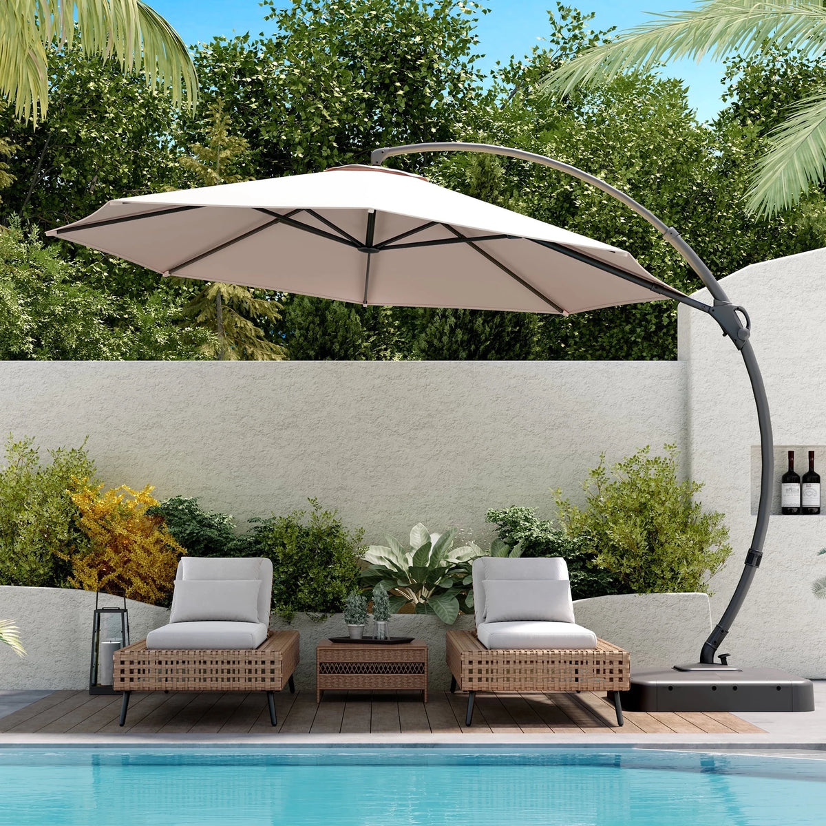 LAUSAINT HOME 11FT Patio Umbrella with Base, Outdoor Deluxe Curvy Cantilever Umbrella for Patio Pool Deck, Champagne