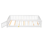 UHOMEPRO Twin Size Floor Bed with Door and Fence, Montessori Floor Bed with Slats and Safety Guardrails, Solid Wood Twin Bed Frame for Bedroom, White