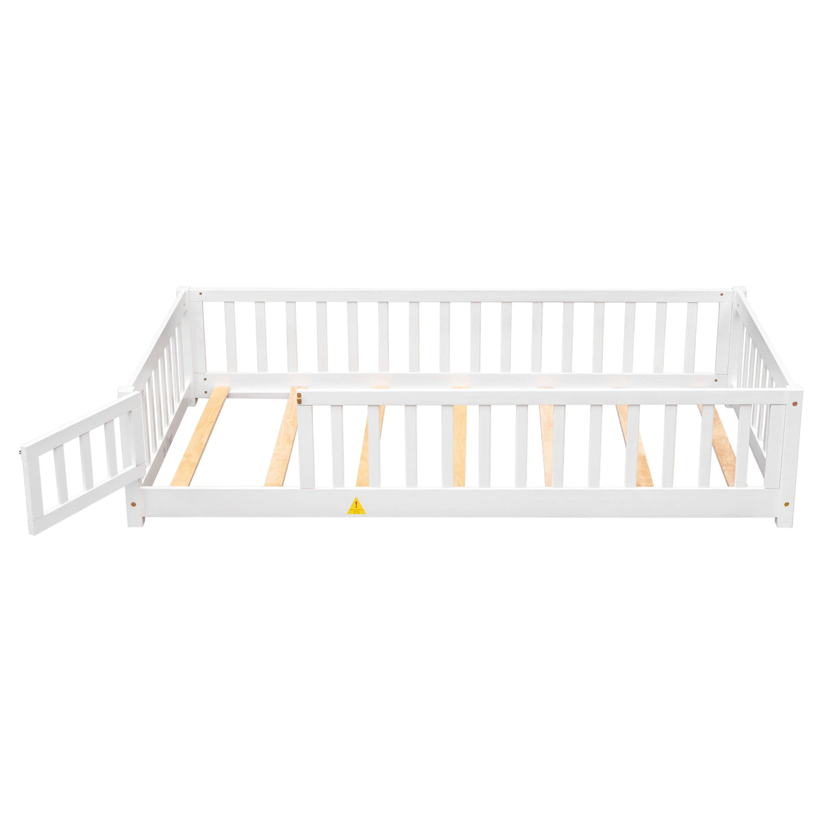 UHOMEPRO Twin Size Floor Bed with Door and Fence, Montessori Floor Bed with Slats and Safety Guardrails, Solid Wood Twin Bed Frame for Bedroom, White