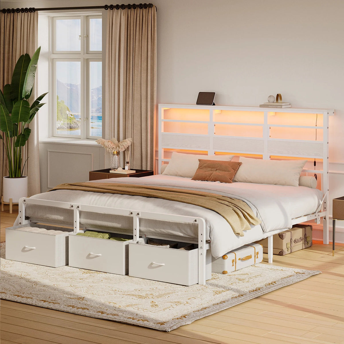 Pinmoco LED Queen Bed Frame with 49.2" High Storage Headboard and 4 Drawers, Adjustable Base Height Metal Platform Bed with Charging Station, Rustic