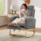 FFH Rocking Chair Nursery, Tufted Accent Rocker Chair, Upholstered Armchair with Adjustable Footrest, Side Pocket, High Backrest, Padded Seat, Polyester Blend (Retro, Dark Gray)